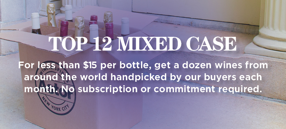 Top 12 mixed case. For less than $15 per bottle, get a dozen wines from around the world handpicked by our buyers each month. No subscription or commitment required. - Image of a top 12 mixed case at a doorstep.